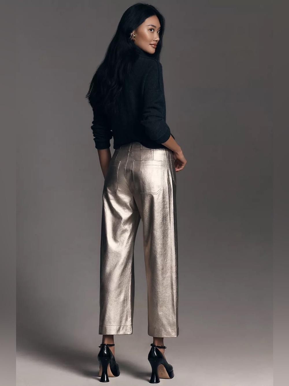 Maeve by Anthropologie The Colette Crop Wide Leg Gold Metallic Pant Sz 27 - Picture 3 of 11